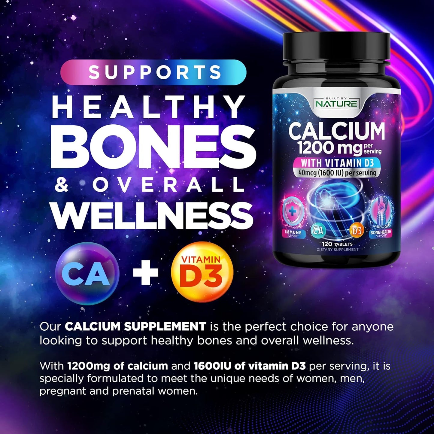 High Absorption Calcium 1200mg with Vitamin D3 for Strong Bones - Advanced Bone Health Supplement, Slow Release with 1600 IU D3, Easy to Swallow, 120 Tablets