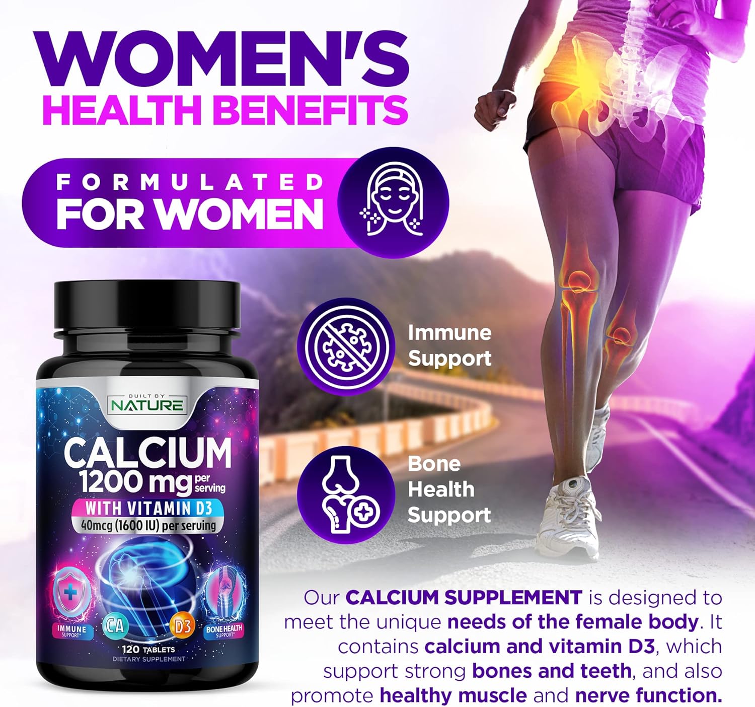 High Absorption Calcium 1200mg with Vitamin D3 for Strong Bones - Advanced Bone Health Supplement, Slow Release with 1600 IU D3, Easy to Swallow, 120 Tablets