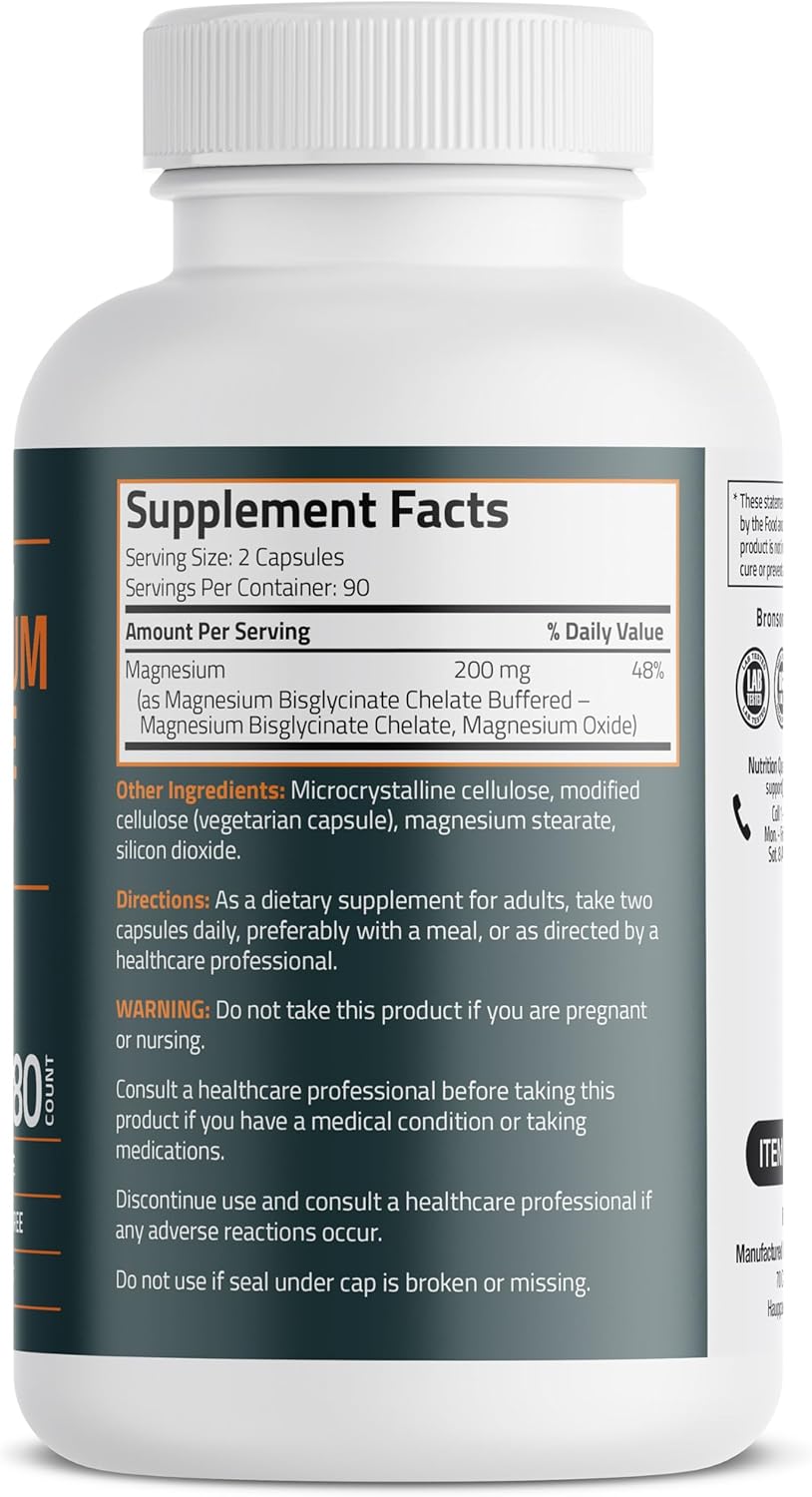 High Absorption Chelated Magnesium Glycinate 200mg Veg Caps - Non-GMO, Gentle On Stomach (180 ct)