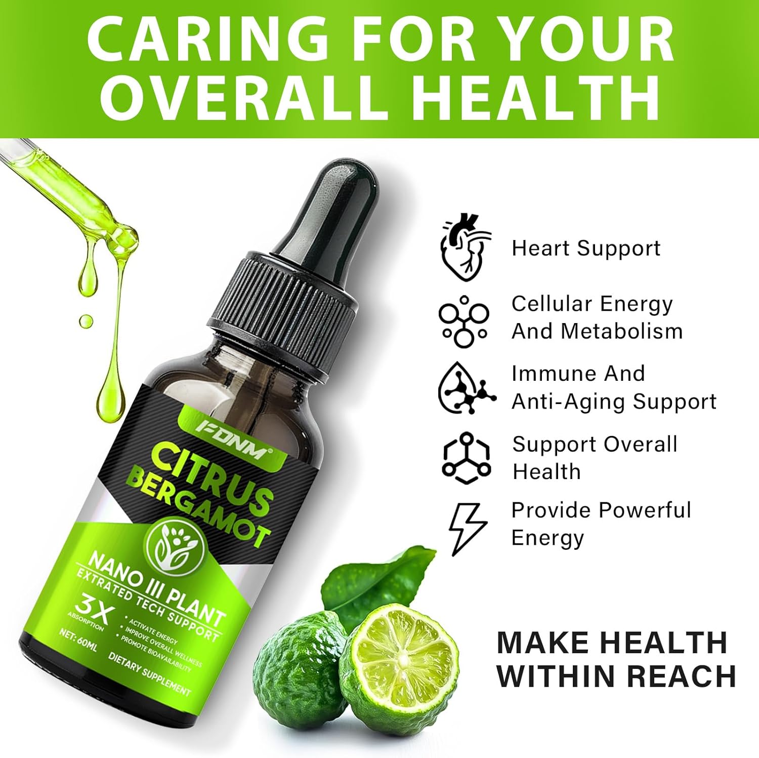 High Absorption Citrus Bergamot Liquid Drops 1000mg Supplement for Metabolic Health & Increased Circulation