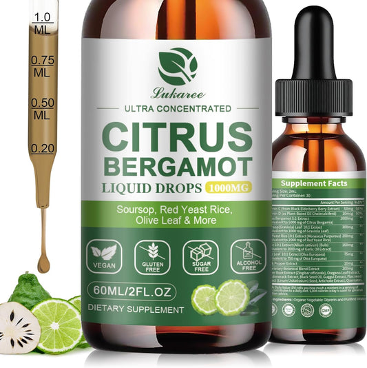 High Absorption Citrus Bergamot Liquid Drops with Soursop, Red Yeast Rice, Garlic, and Olive Leaf - 1000mg Natural Supplement for Overall Wellness - 2 Fl Oz Soursop Bitters Liquid