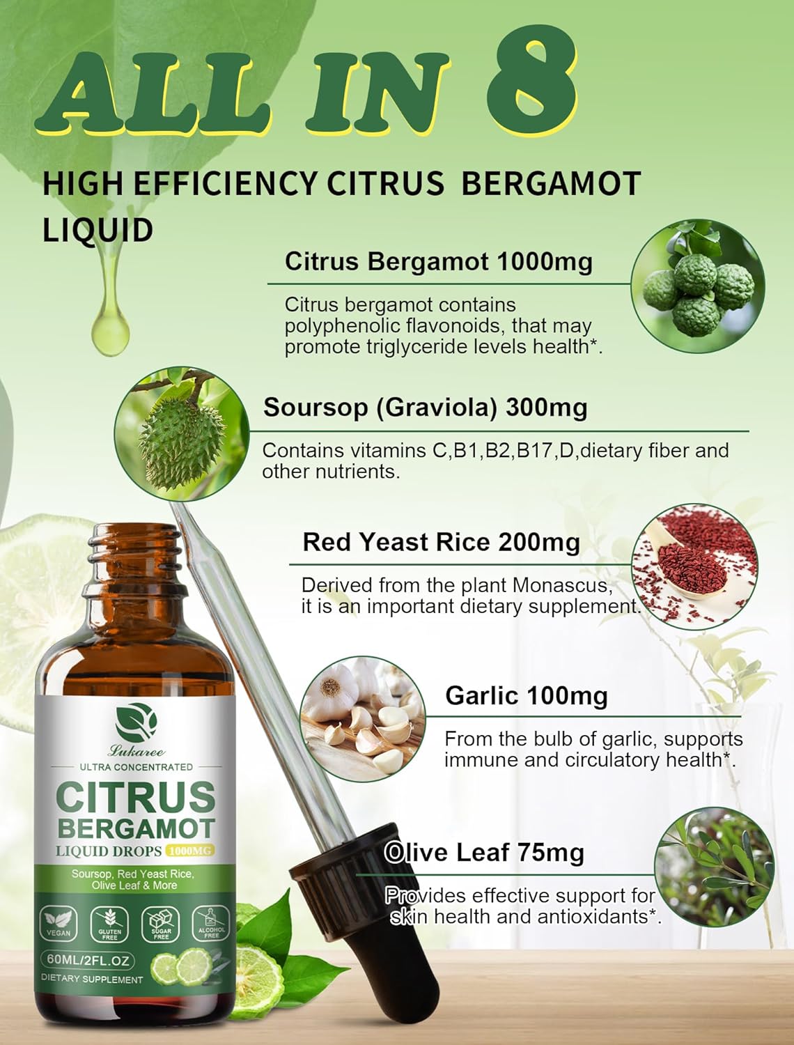 High Absorption Citrus Bergamot Liquid Drops with Soursop, Red Yeast Rice, Garlic, and Olive Leaf - 1000mg Natural Supplement for Overall Wellness - 2 Fl Oz Soursop Bitters Liquid