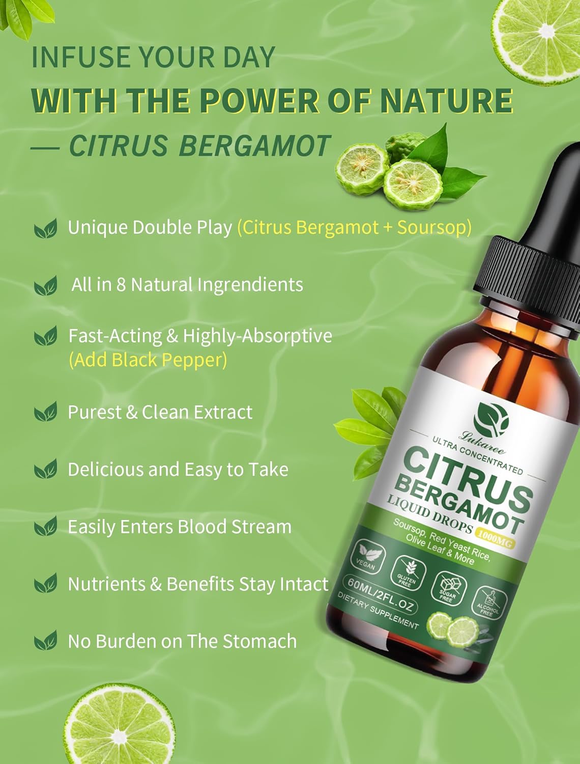 High Absorption Citrus Bergamot Liquid Drops with Soursop, Red Yeast Rice, Garlic, and Olive Leaf - 1000mg Natural Supplement for Overall Wellness - 2 Fl Oz Soursop Bitters Liquid