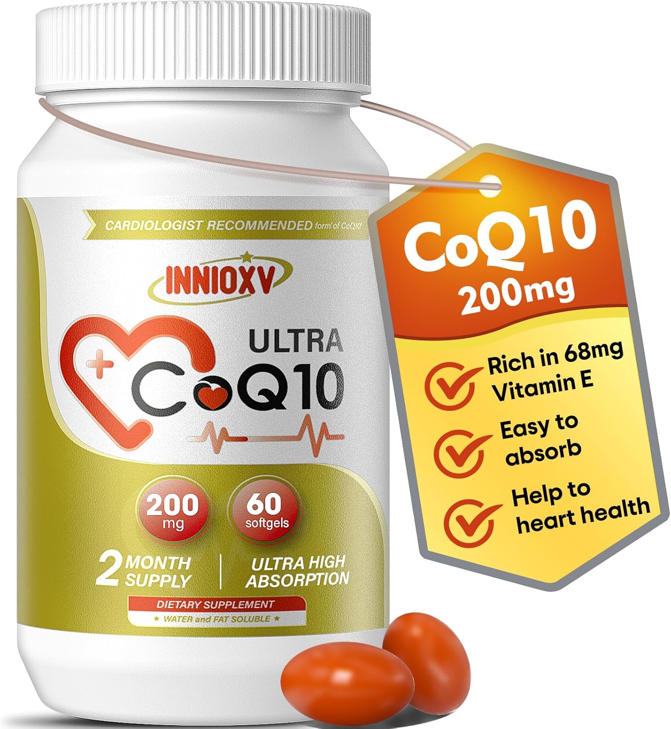 High Absorption CoQ10 200mg Softgels for Heart & Vascular Health - Antioxidant Supplement for Energy - 60 Count