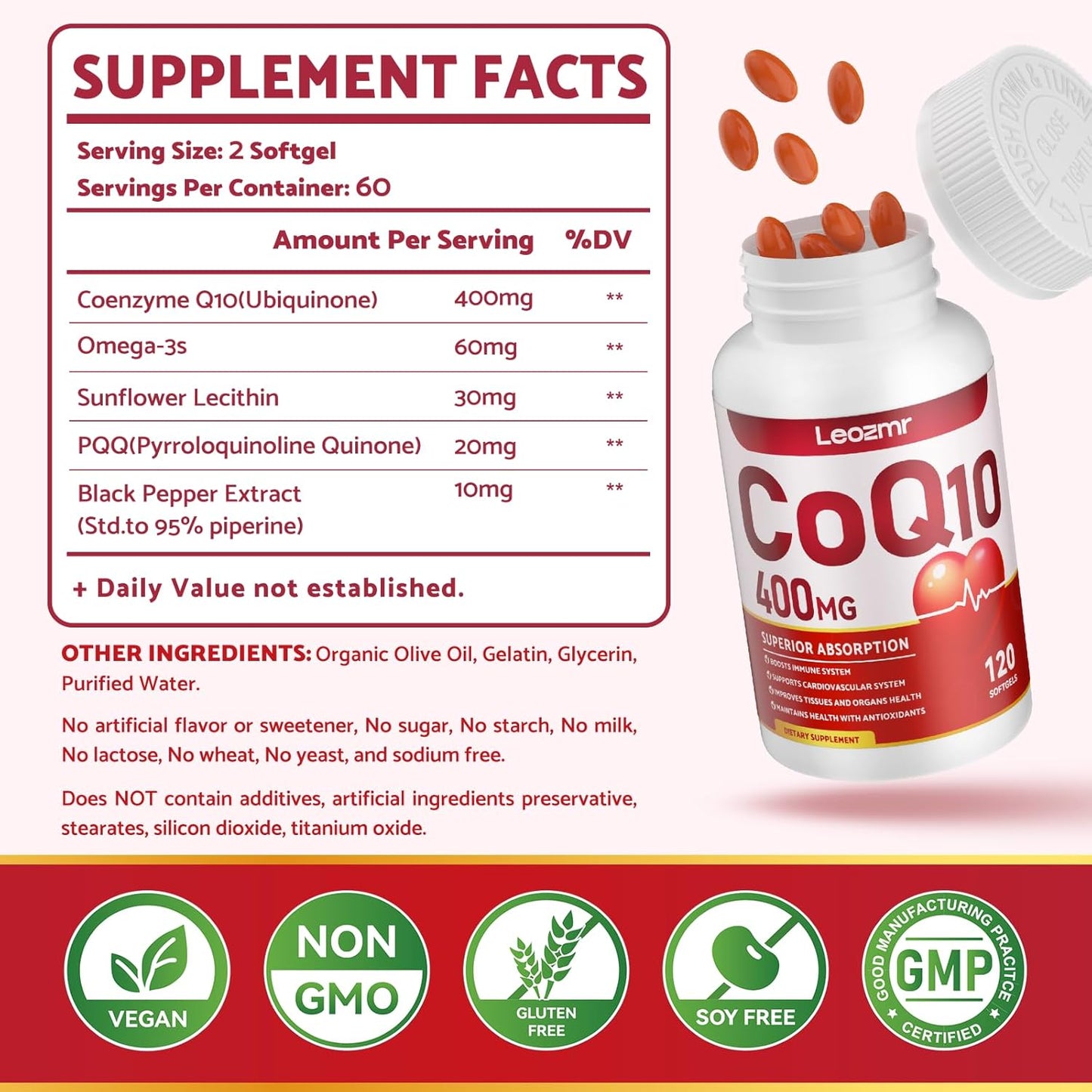 High-Absorption CoQ10-400mg Softgels with PQQ, BioPerine & Omega-3 - Antioxidant Supplement for Heart Support & Energy Production - 120 Servings