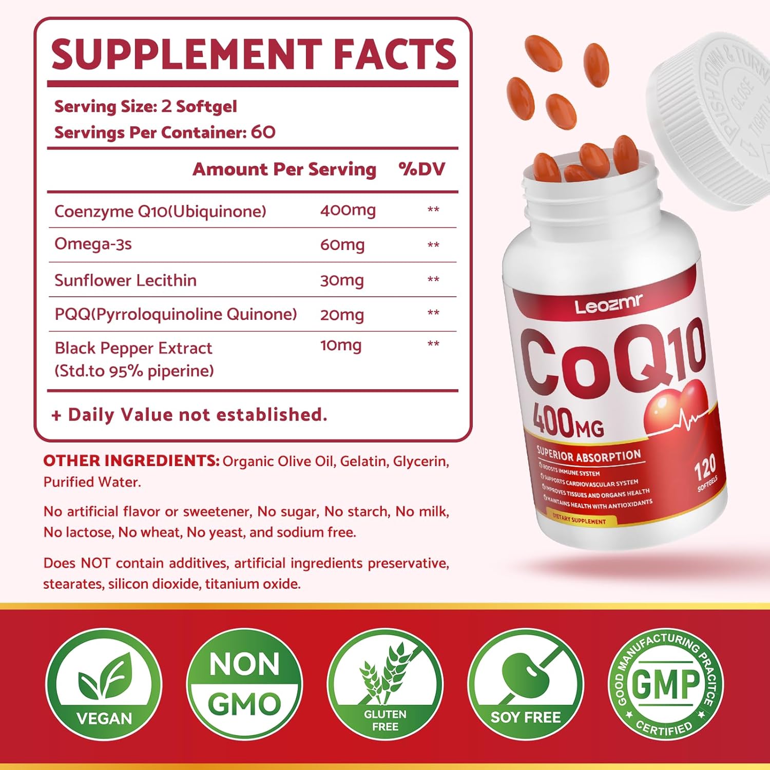 High-Absorption CoQ10-400mg Softgels with PQQ, BioPerine & Omega-3 - Antioxidant Supplement for Heart Support & Energy Production - 120 Servings