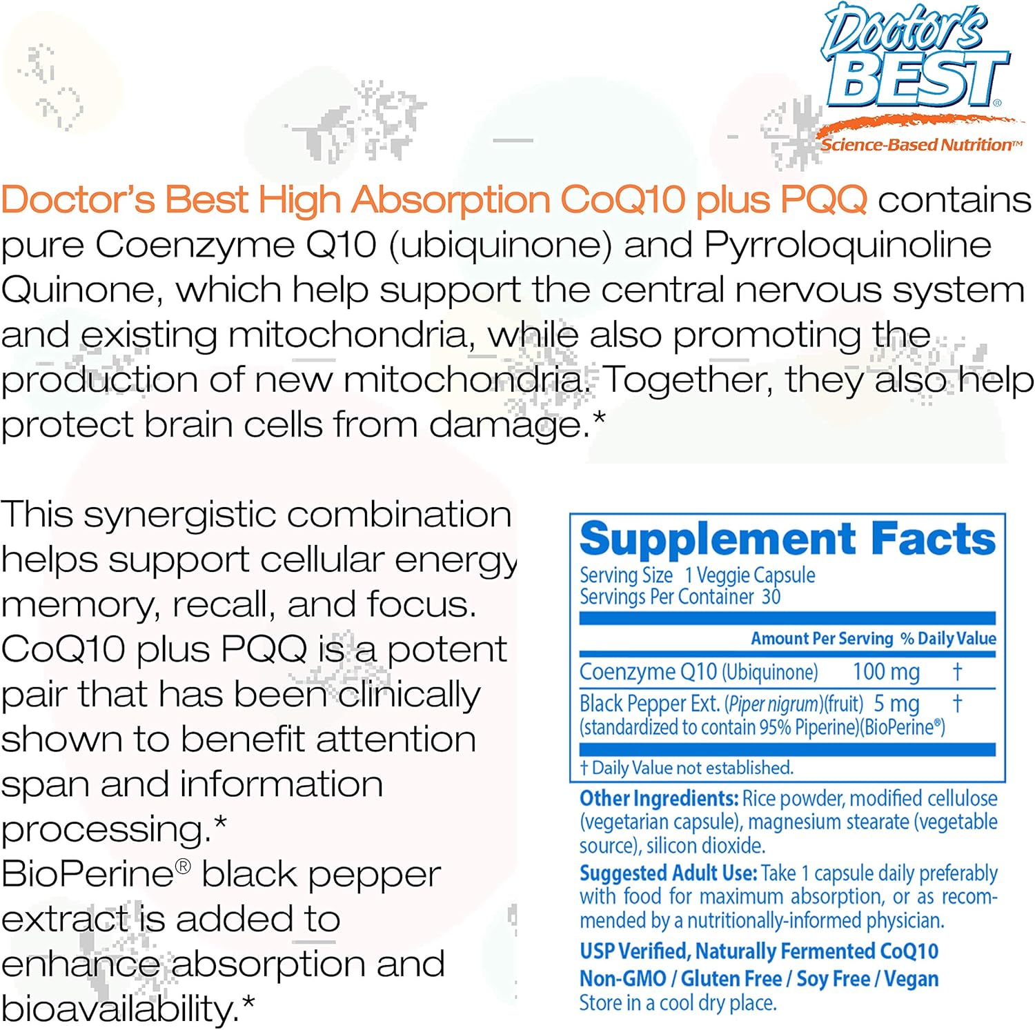 High Absorption CoQ10 Plus PQQ for Cognitive Support - USP Verified, Naturally Fermented, Non-GMO, Gluten Free, Soy Free, Vegan - 60 Veggie Capsules