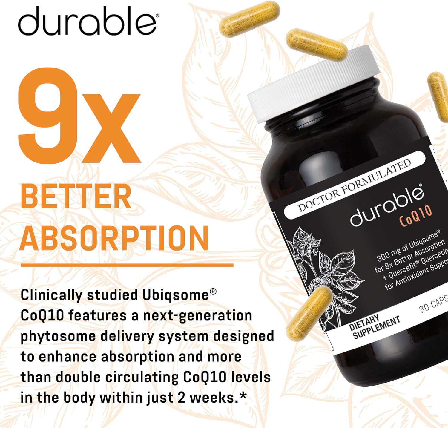 High Absorption CoQ10 Supplement for Heart Health - 300mg Ubiqsome® CoQ10 Phytosome, Antioxidant, Doctor-Formulated - 30 Day Supply