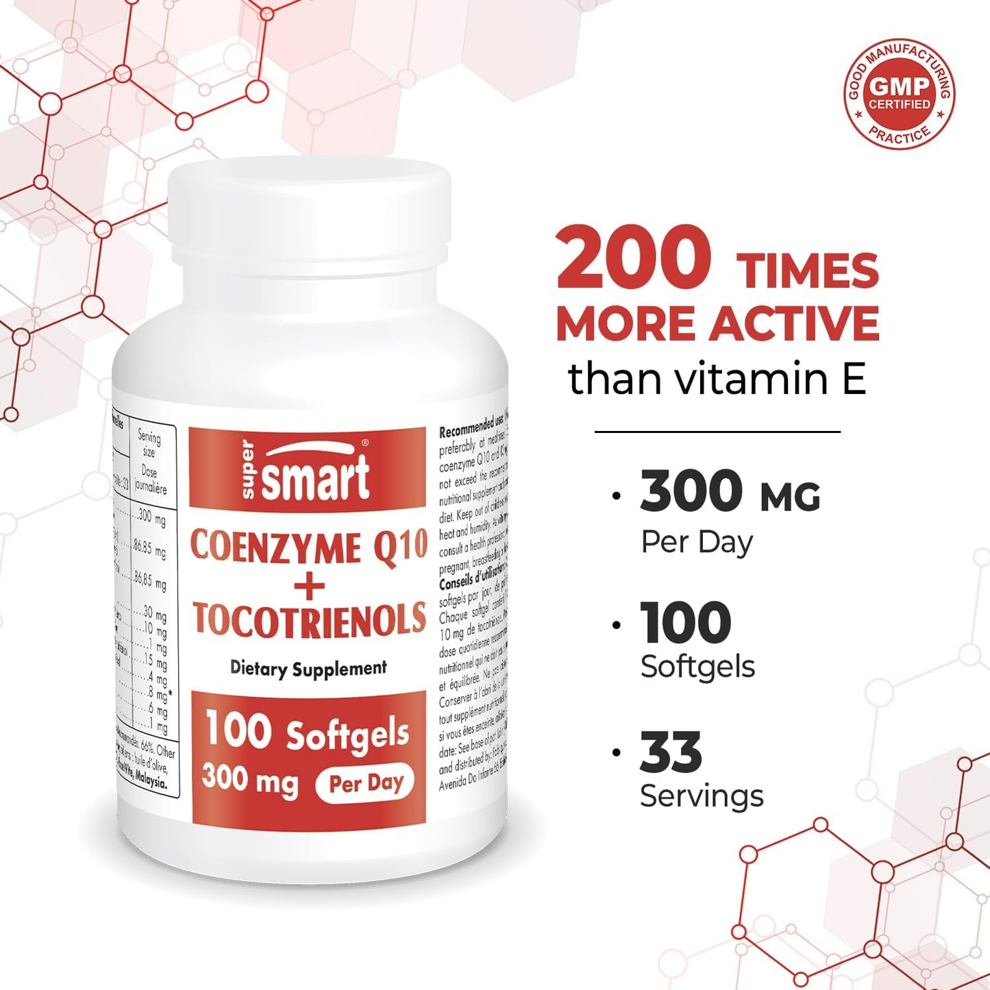 High Absorption CoQ10 Supplement with Tocotrienols - 300mg Daily Dose - Patented Formula - Non-GMO - Gluten Free - 100 Softgels