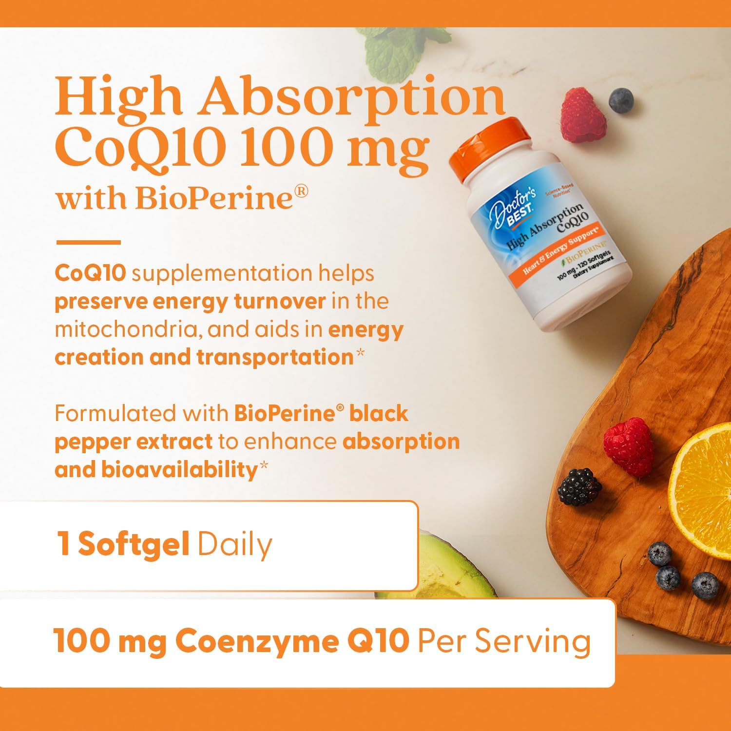 High Absorption CoQ10 with BioPerine for Heart Health & Energy Production - 100 mg, 120 Count, Gluten Free & Naturally Fermented