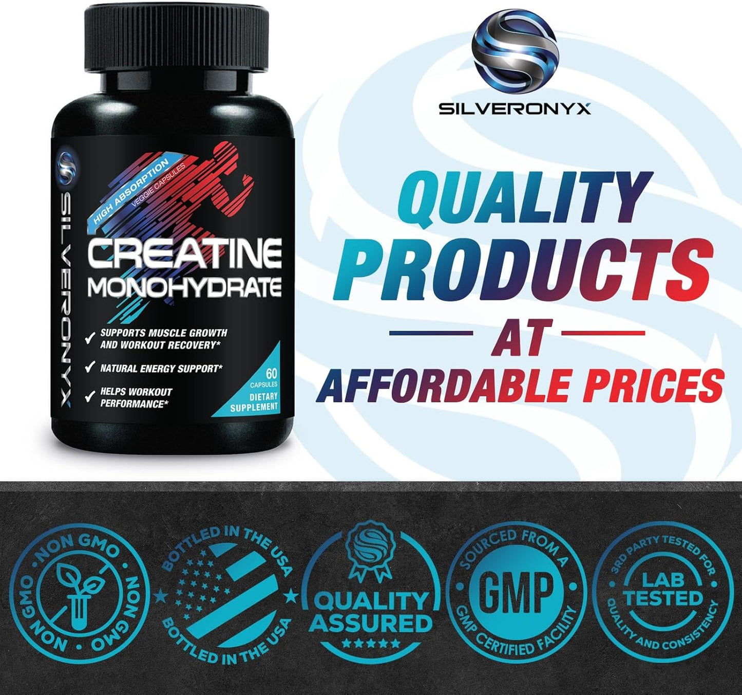 High Absorption Creatine Monohydrate Capsules for Strength & Muscle Growth - Gluten Free Supplement for Workout Performance - 60 Capsules