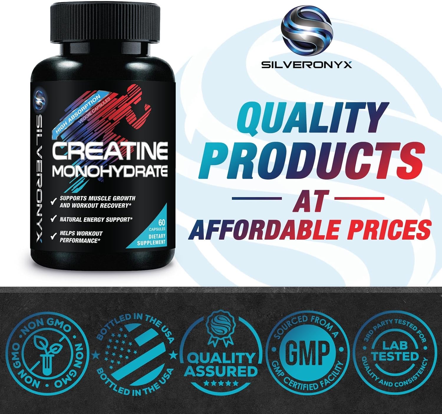 High Absorption Creatine Monohydrate Capsules for Strength & Muscle Growth - Gluten Free Supplement for Workout Performance - 60 Capsules