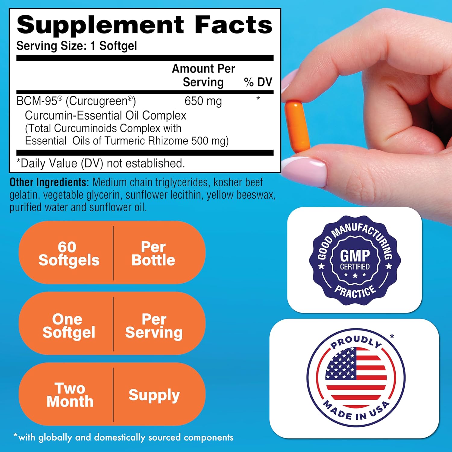 High Absorption Curcumin Supplement 650mg | BCM-95® Curcugreen Turmeric | Healthy Inflammation Support | Clinically Tested | Non-GMO | 60 Capsules