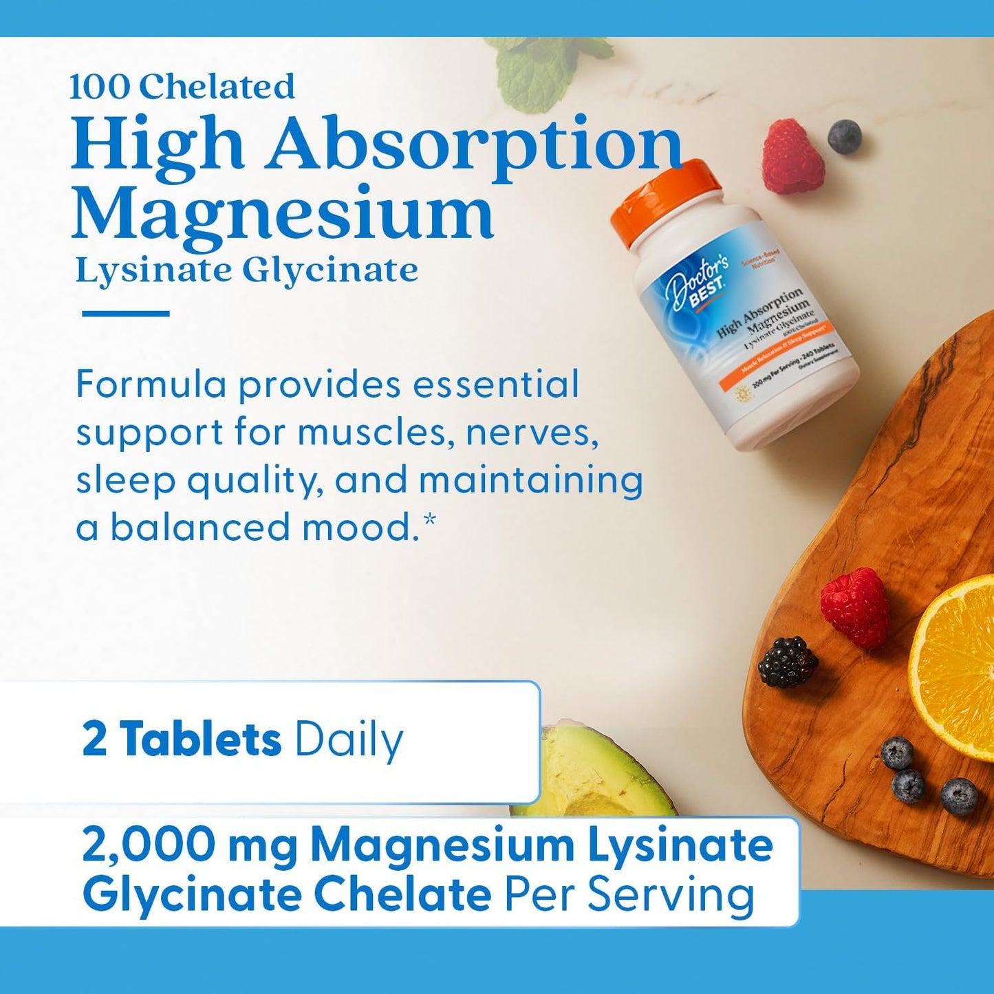 High Absorption Doctor's Best Magnesium Glycinate Lysinate - 100% Chelated, Non-GMO, Vegan, Gluten & Soy Free - 200 mg - 240 Count