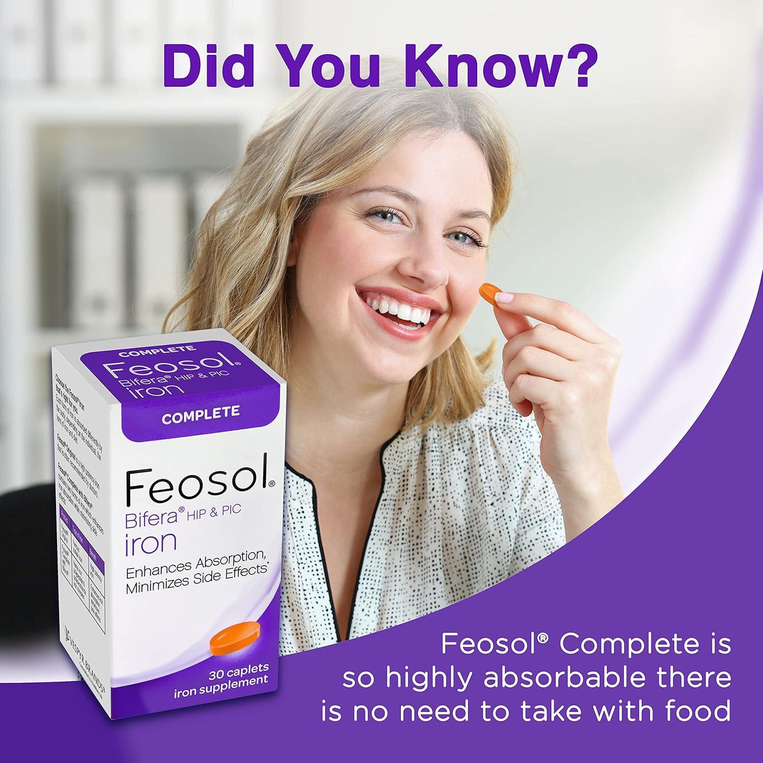 High Absorption Feosol Complete Iron Supplement Caplets with Bifera Iron, Dual Action for Energy and Immune Support, 30 Count