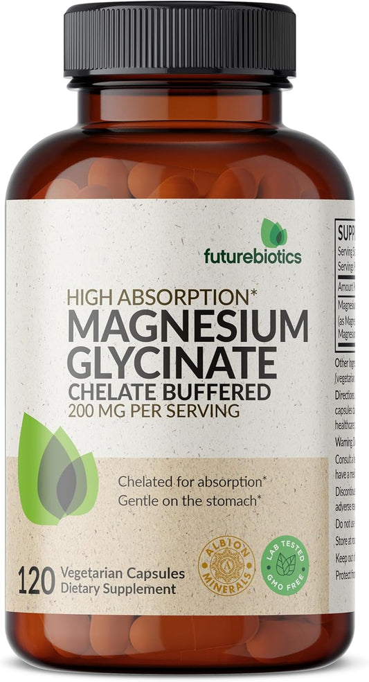 High Absorption Futurebiotics Magnesium Glycinate 200 MG per Serving, Chelated for Gentle Stomach, Non-GMO, 120 Vegan Capsules