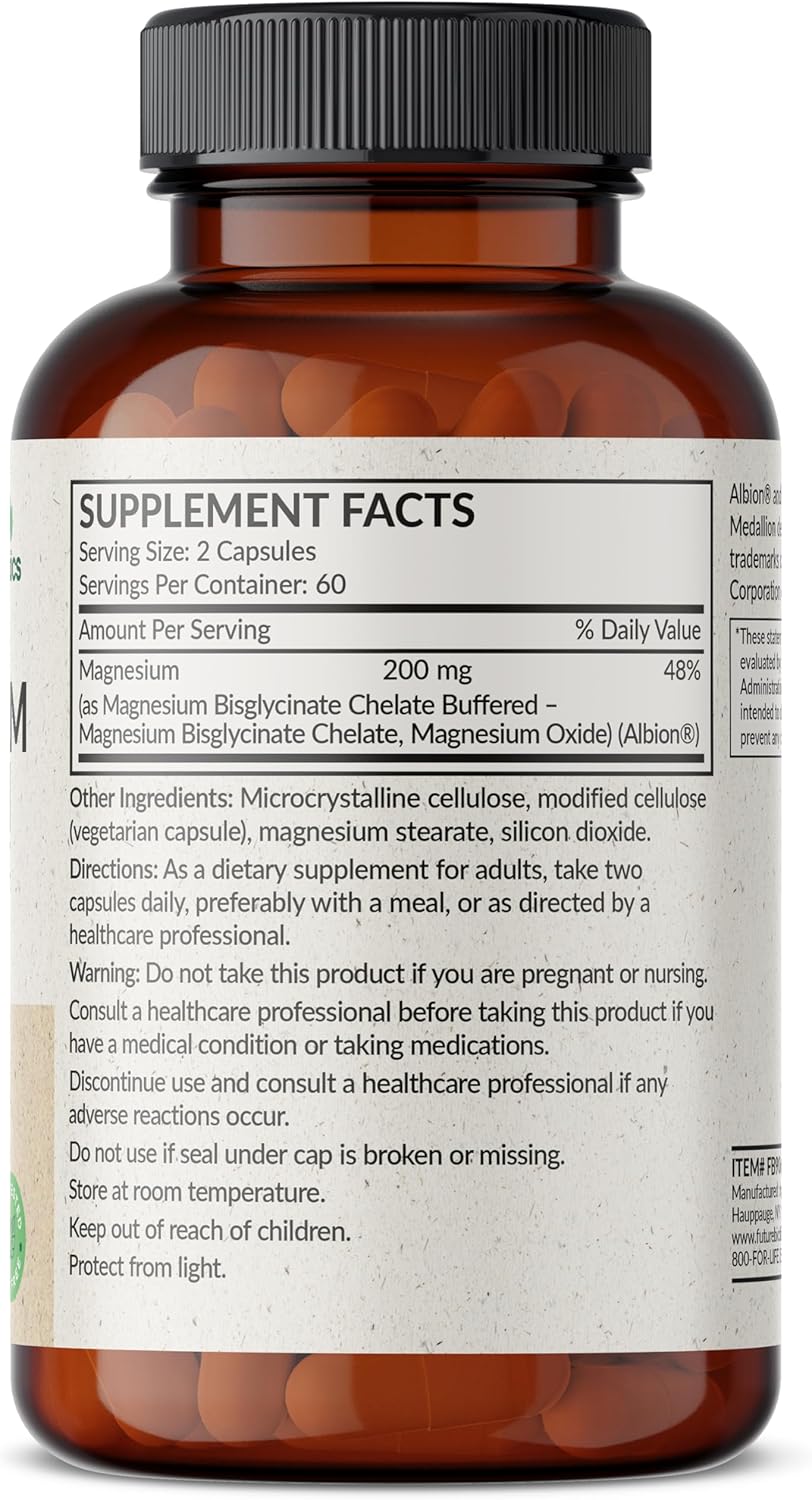 High Absorption Futurebiotics Magnesium Glycinate 200 MG per Serving, Chelated for Gentle Stomach, Non-GMO, 120 Vegan Capsules