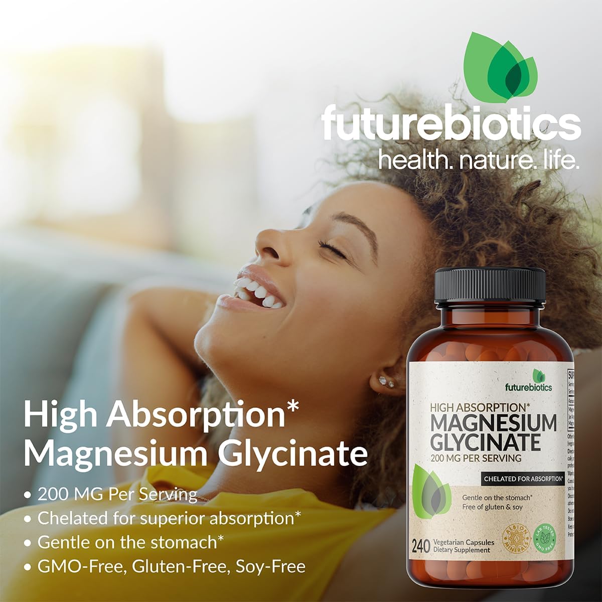 High Absorption Futurebiotics Magnesium Glycinate 200 MG per Serving, Chelated for Gentle Stomach, Non-GMO, 120 Vegan Capsules