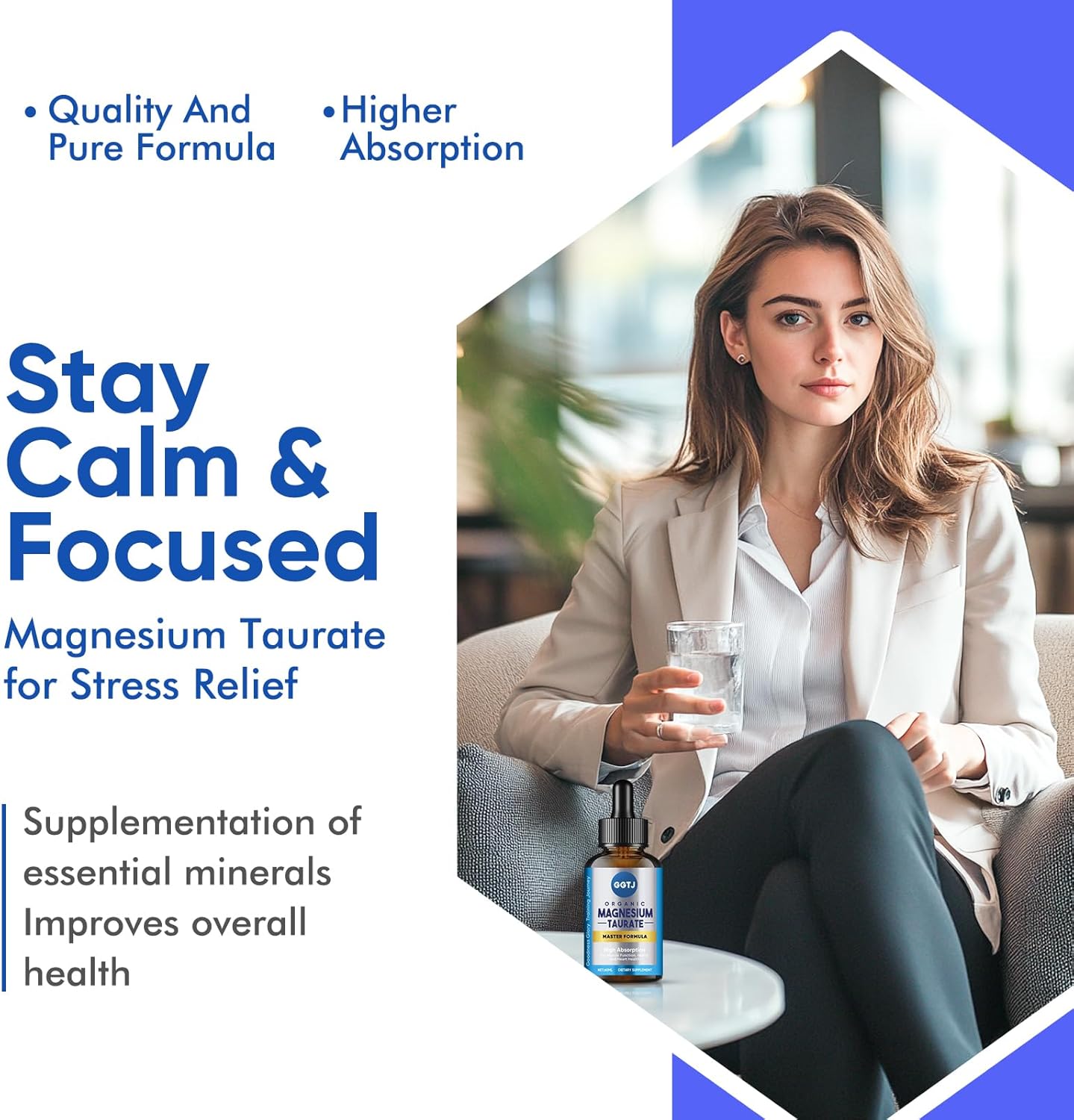High Absorption GGTJ Magnesium Taurate Liquid Drop Supplement for Cardiovascular Health, Muscle and Nerve Function - 2 oz