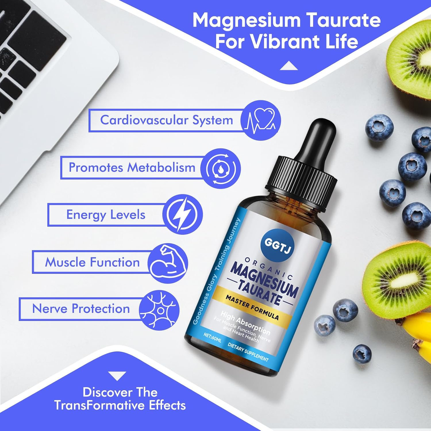 High Absorption GGTJ Magnesium Taurate Liquid Drop Supplement for Cardiovascular Health, Muscle and Nerve Function - 2 oz