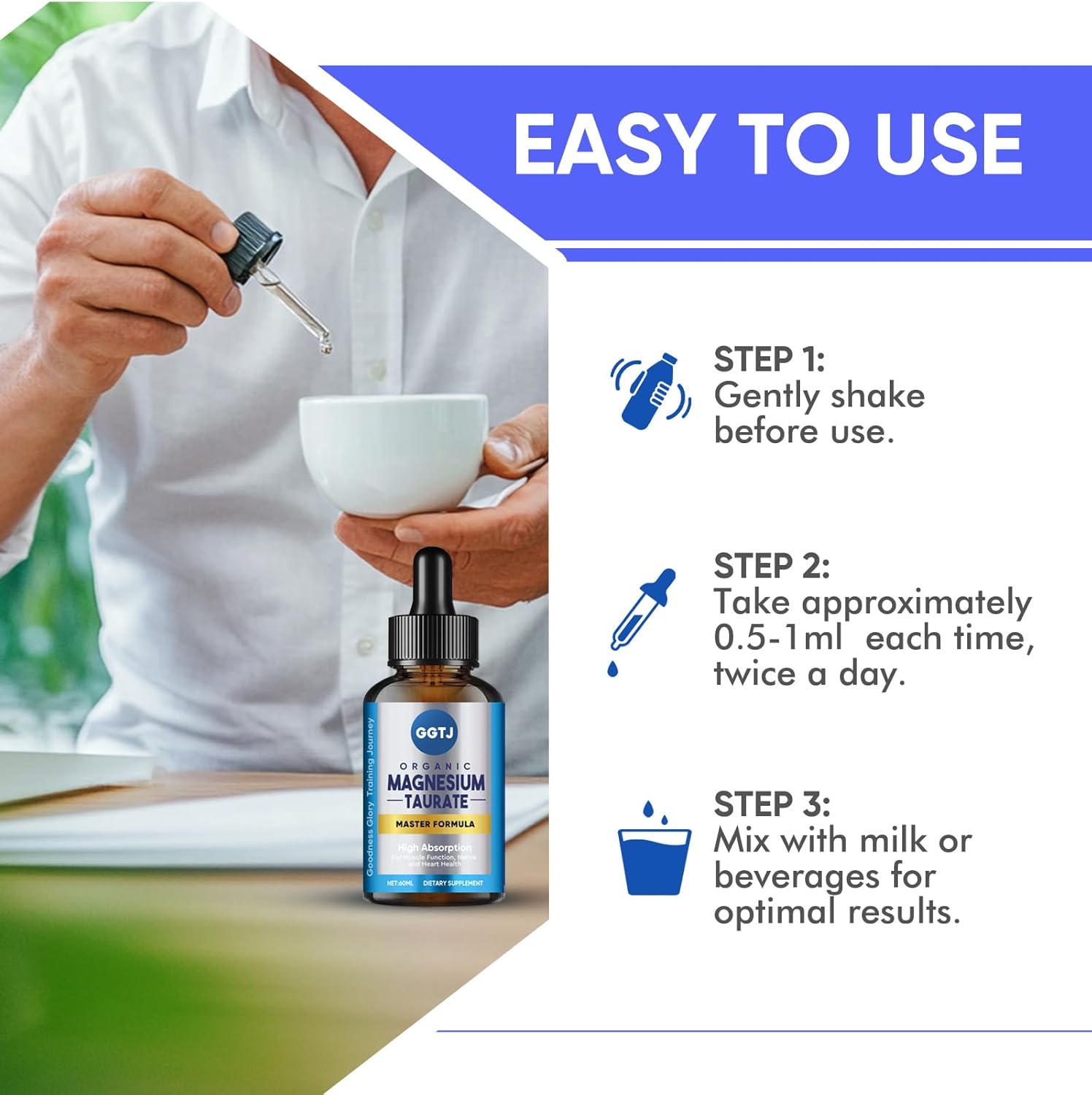 High Absorption GGTJ Magnesium Taurate Liquid Drop Supplement for Cardiovascular Health, Muscle and Nerve Function - 2 oz