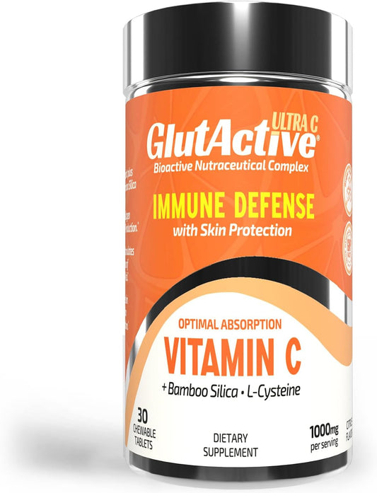 High Absorption GlutActive Ultra VIT-C 1,000mg Chewable Tablets for Immune Support & Collagen - Antioxidant with Cysteine & Bamboo Silica - 30 Tablets