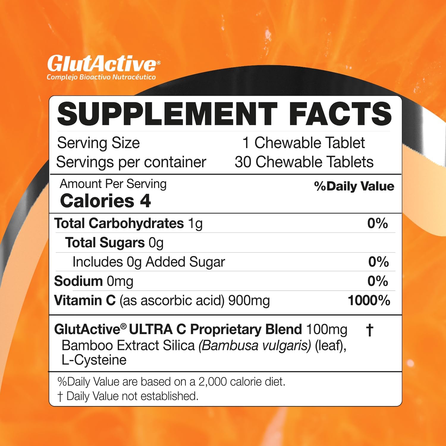 High Absorption GlutActive Ultra VIT-C 1,000mg Chewable Tablets for Immune Support & Collagen - Antioxidant with Cysteine & Bamboo Silica - 30 Tablets