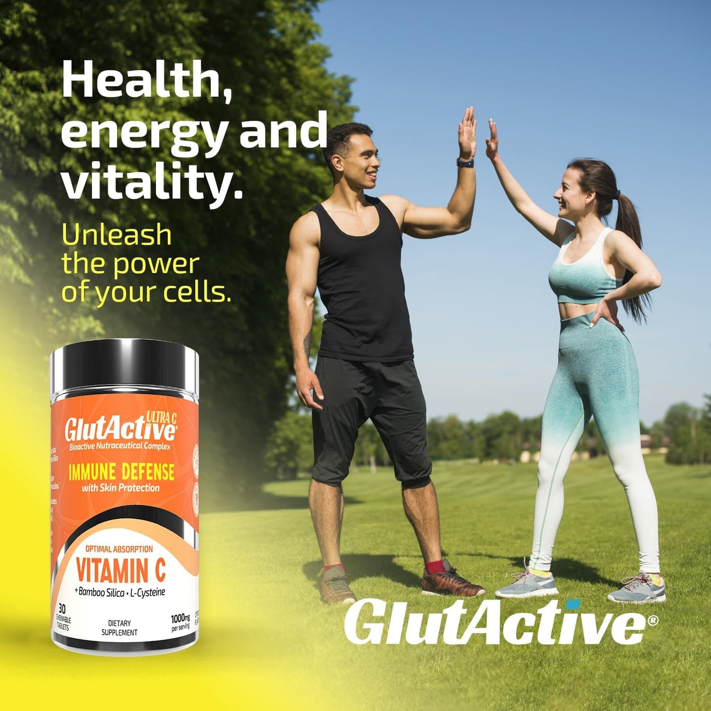 High Absorption GlutActive Ultra VIT-C 1,000mg Chewable Tablets for Immune Support & Collagen - Antioxidant with Cysteine & Bamboo Silica - 30 Tablets