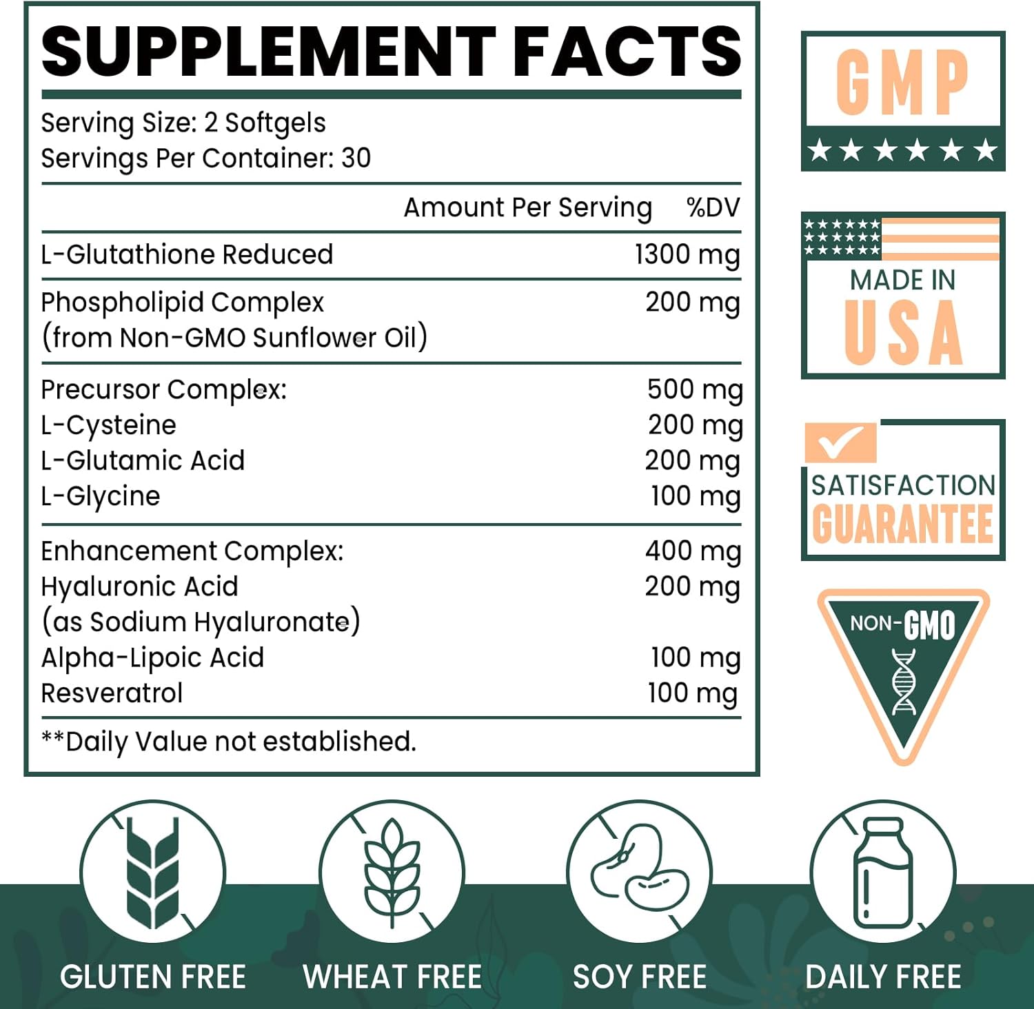 High Absorption Glutathione Supplement 2400MG Softgels with Hyaluronic Acid and Resveratrol | Anti-Aging Antioxidant for Energy and Defense | Non-GMO Formula