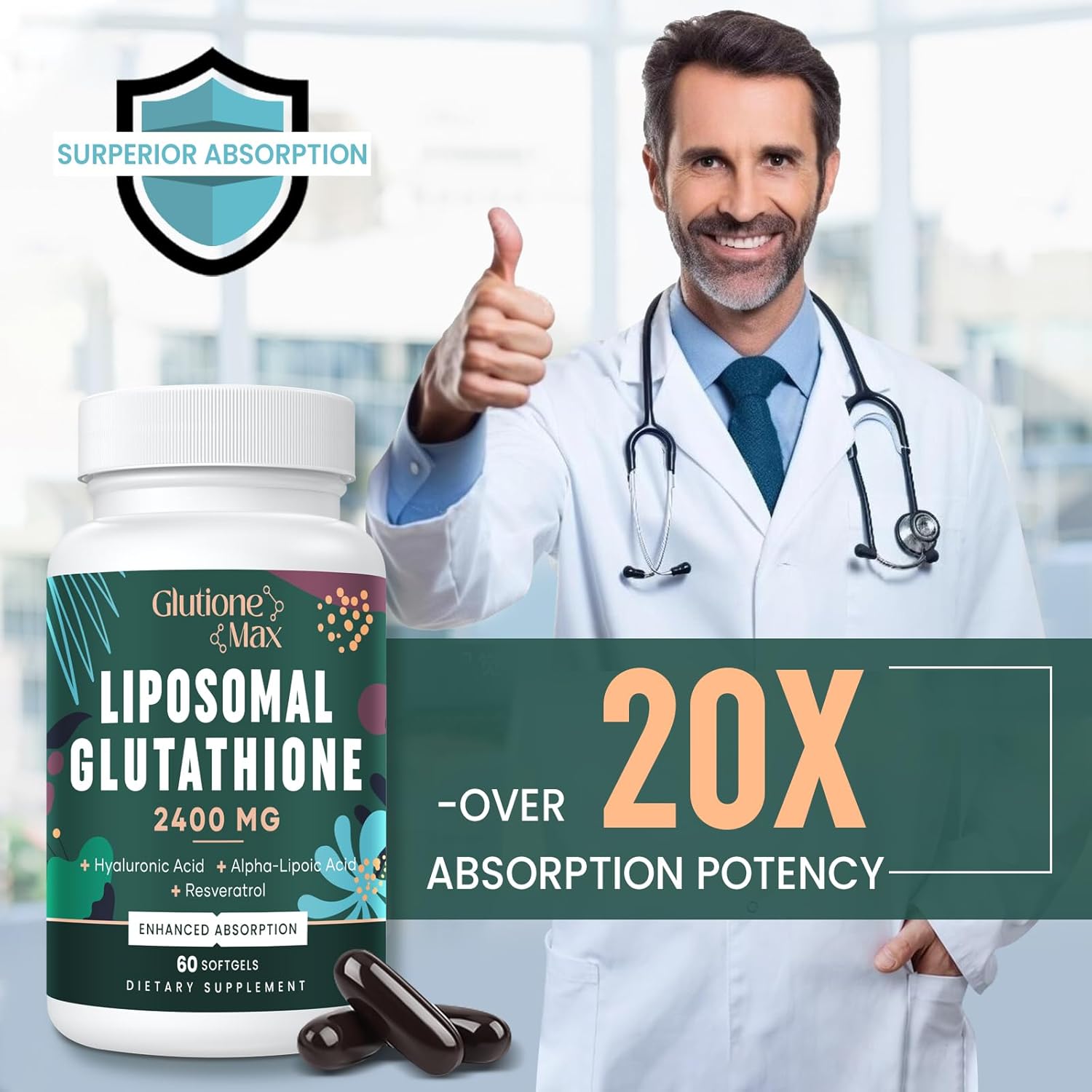 High Absorption Glutathione Supplement 2400MG Softgels with Hyaluronic Acid and Resveratrol | Anti-Aging Antioxidant for Energy and Defense | Non-GMO Formula