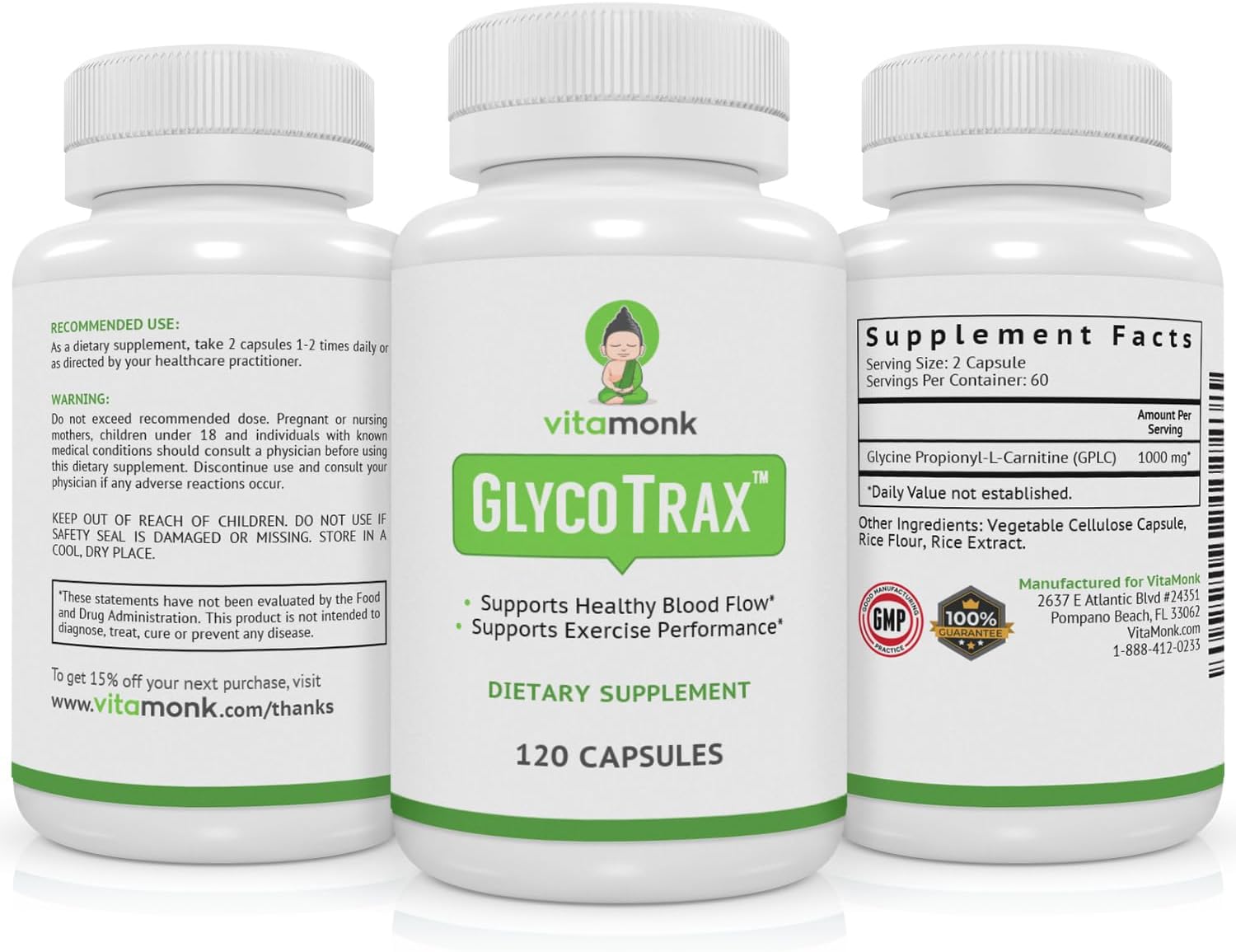 High-Absorption GlycoTrax GPLC Supplement - 120 Capsules in Extra Large Bottle, No Fillers - Glycine Propionyl-L-Carnitine by VitaMonk