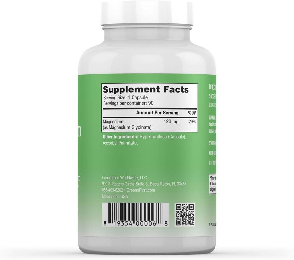 High Absorption Greens First Magnesium Glycinate Supplement - Promotes Heart and Muscle Health - Boosts Metabolism - 90 Veg Caps