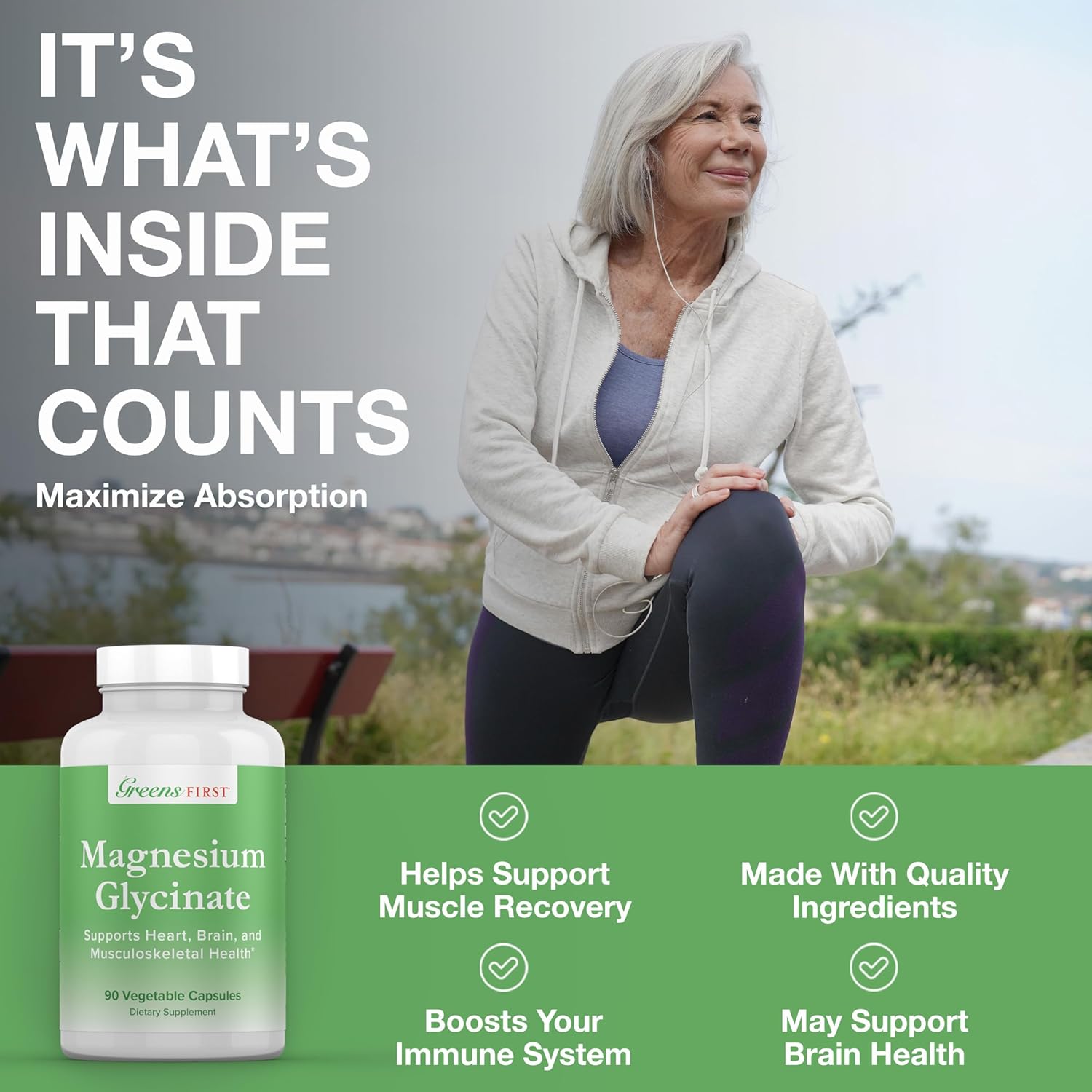 High Absorption Greens First Magnesium Glycinate Supplement - Promotes Heart and Muscle Health - Boosts Metabolism - 90 Veg Caps