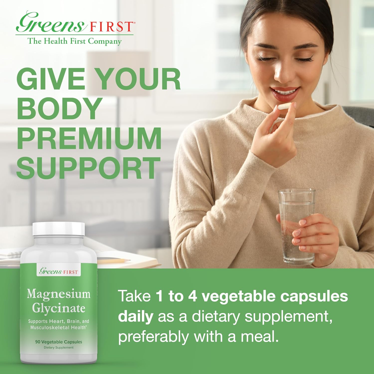 High Absorption Greens First Magnesium Glycinate Supplement - Promotes Heart and Muscle Health - Boosts Metabolism - 90 Veg Caps