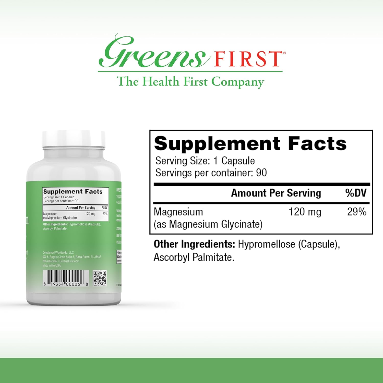 High Absorption Greens First Magnesium Glycinate Supplement - Promotes Heart and Muscle Health - Boosts Metabolism - 90 Veg Caps