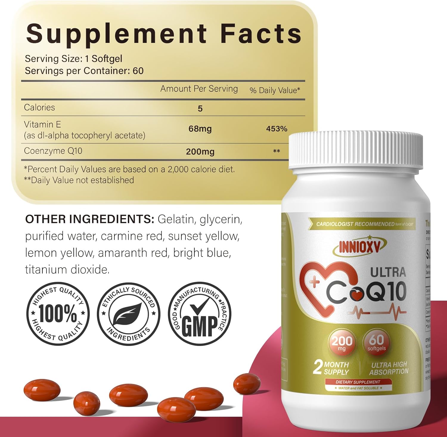 High Absorption INNIOXV CoQ10 Softgels - 200mg for Heart & Vascular Health - Antioxidant Energy Supplement - 30ct