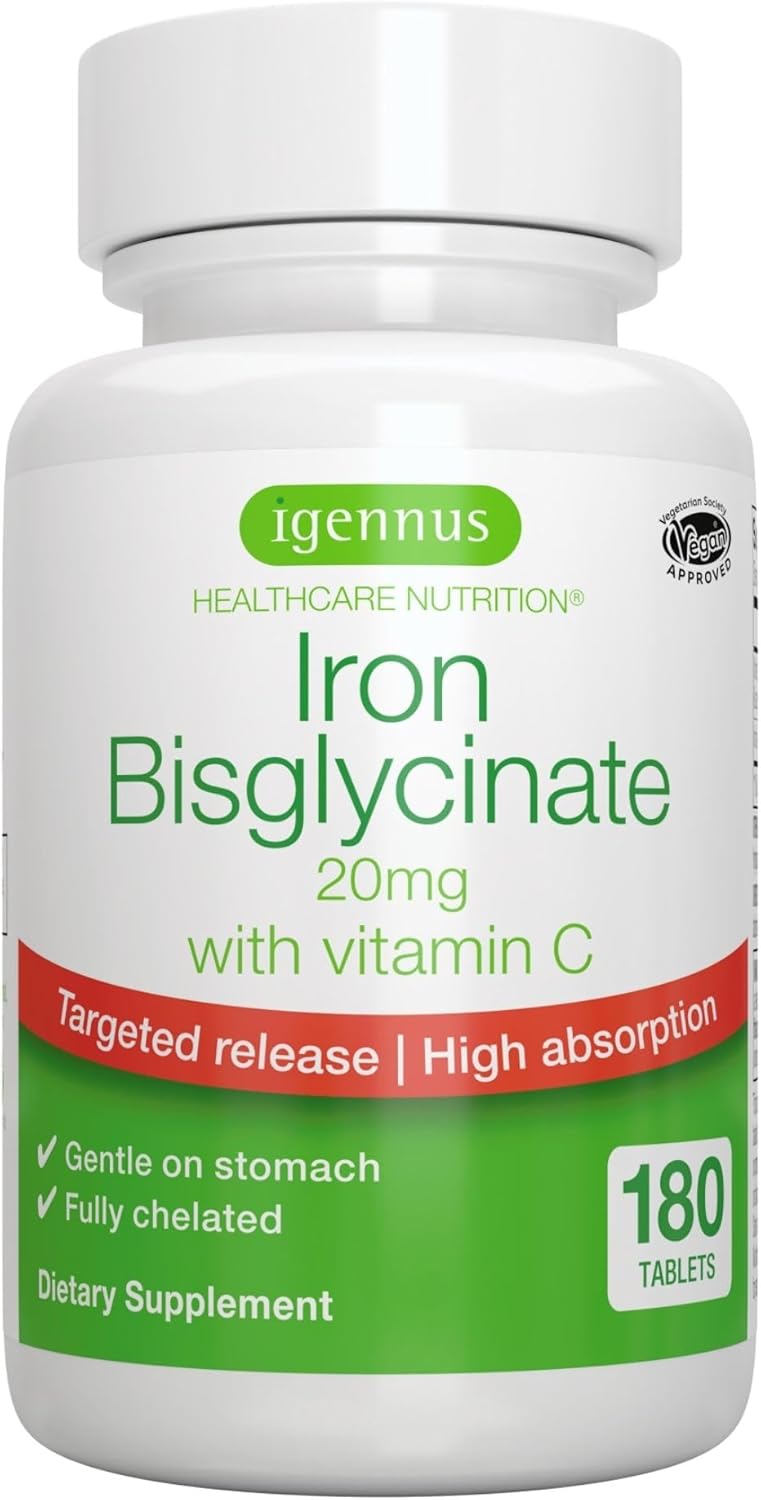 High Absorption Iron Bisglycinate with Vitamin C - Gentle Formula for Women & Men - 6 Month Supply - Vegan - 180 Tablets