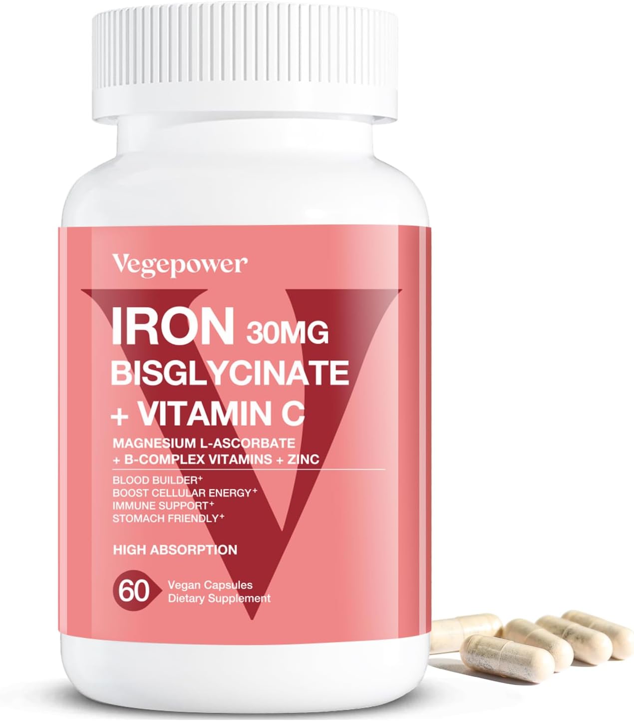 High Absorption Iron Supplement with Vitamin C & B12 for Anemia - 30mg Iron Pills for Men & Women - Vegan, Gluten-Free - 60 Capsules