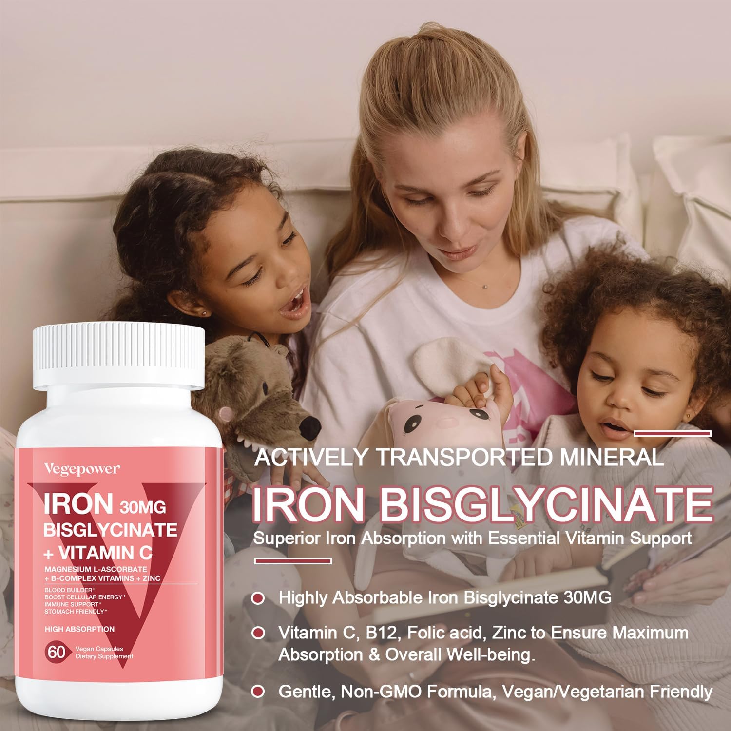 High Absorption Iron Supplement with Vitamin C & B12 for Anemia - 30mg Iron Pills for Men & Women - Vegan, Gluten-Free - 60 Capsules