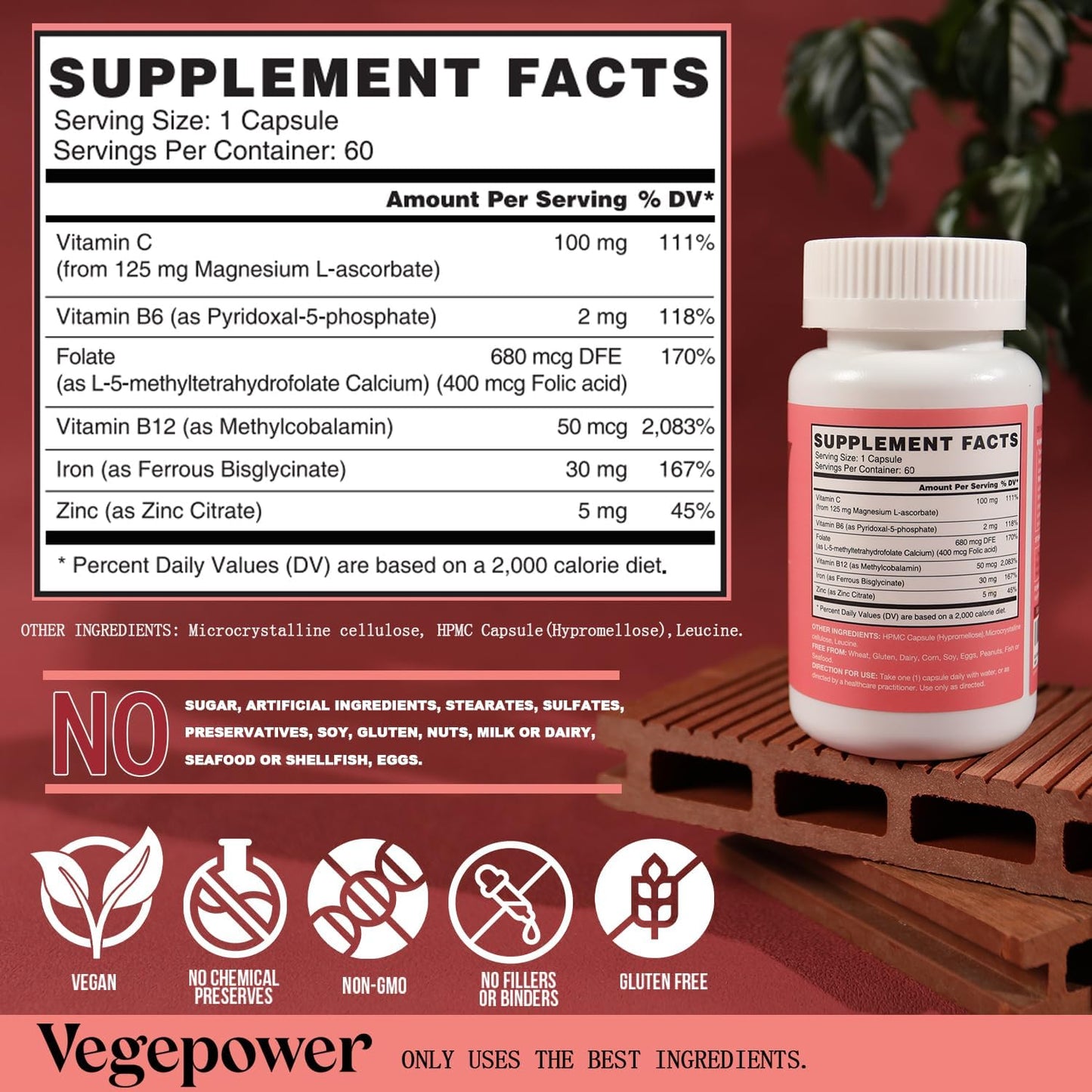 High Absorption Iron Supplement with Vitamin C & B12 for Anemia - 30mg Iron Pills for Men & Women - Vegan, Gluten-Free - 60 Capsules