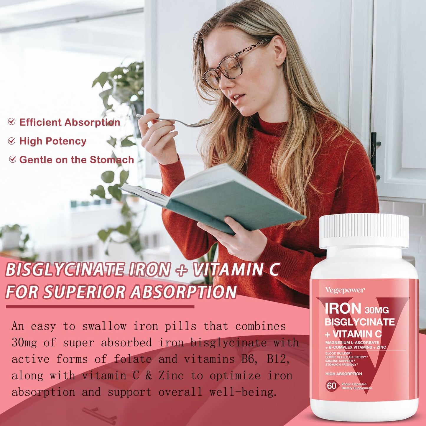High Absorption Iron Supplement with Vitamin C & B12 for Anemia - 30mg Iron Pills for Men & Women - Vegan, Gluten-Free - 60 Capsules