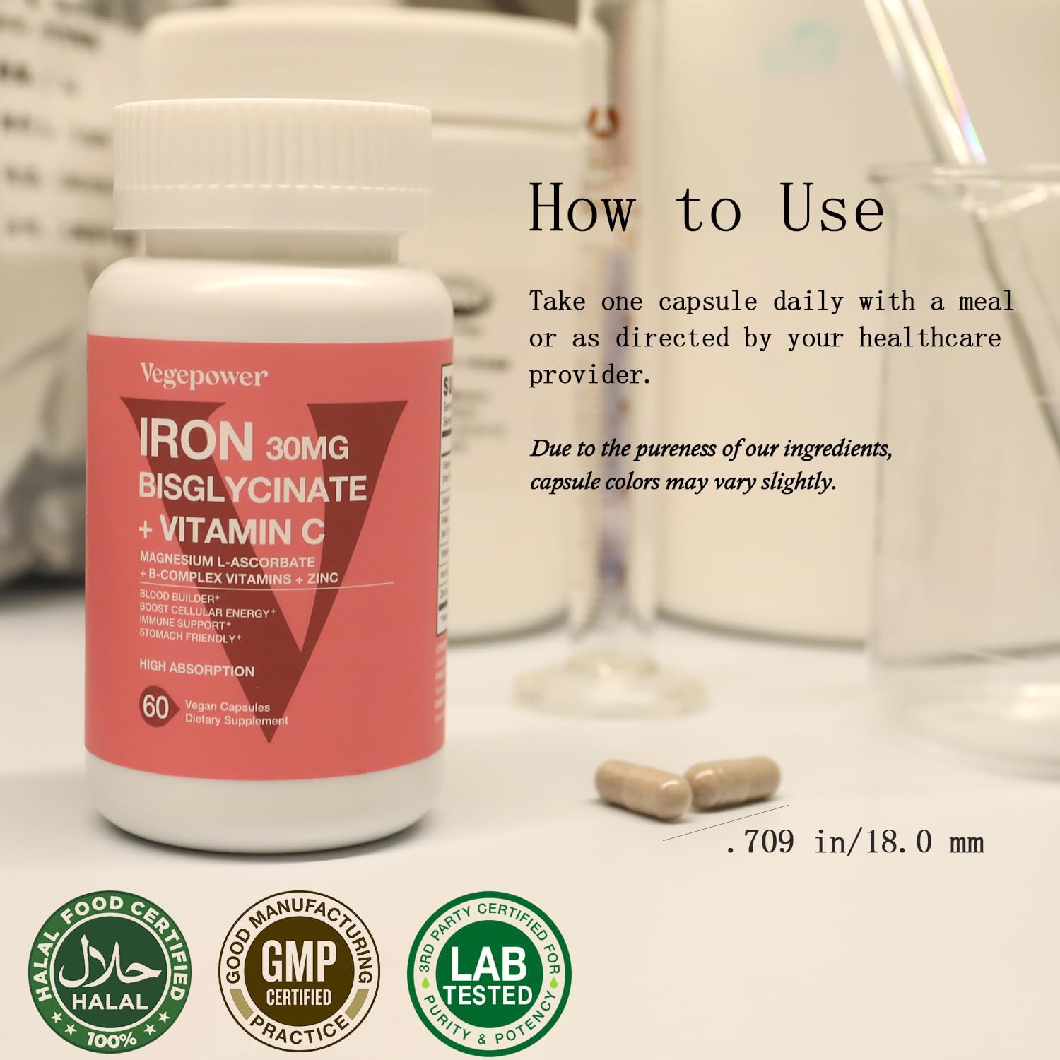 High Absorption Iron Supplement with Vitamin C & B12 for Anemia - 30mg Iron Pills for Men & Women - Vegan, Gluten-Free - 60 Capsules