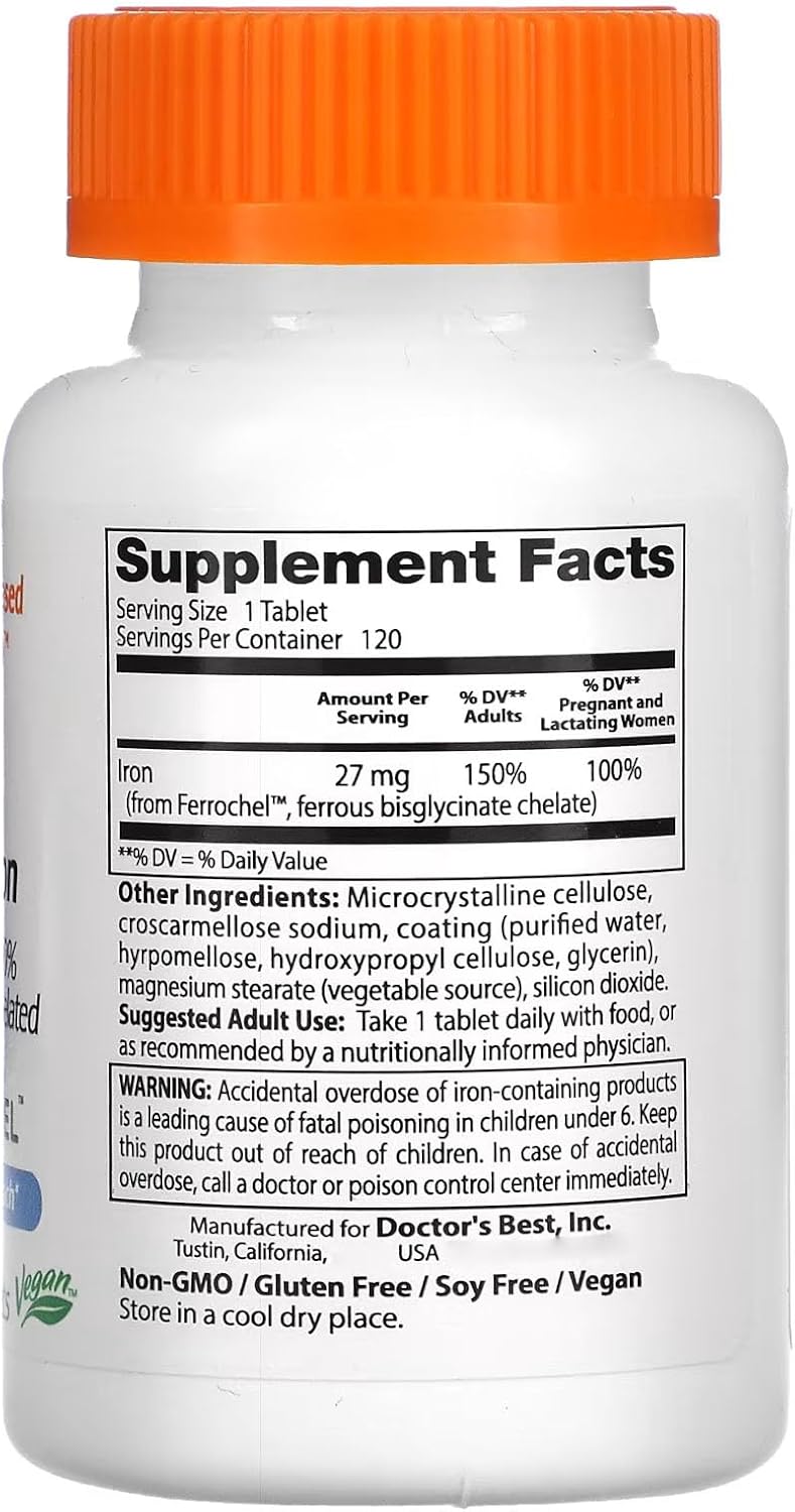 High Absorption Iron Tablet with Ferrochel for Gentle Stomach, Immune & Blood Health - 27 mg