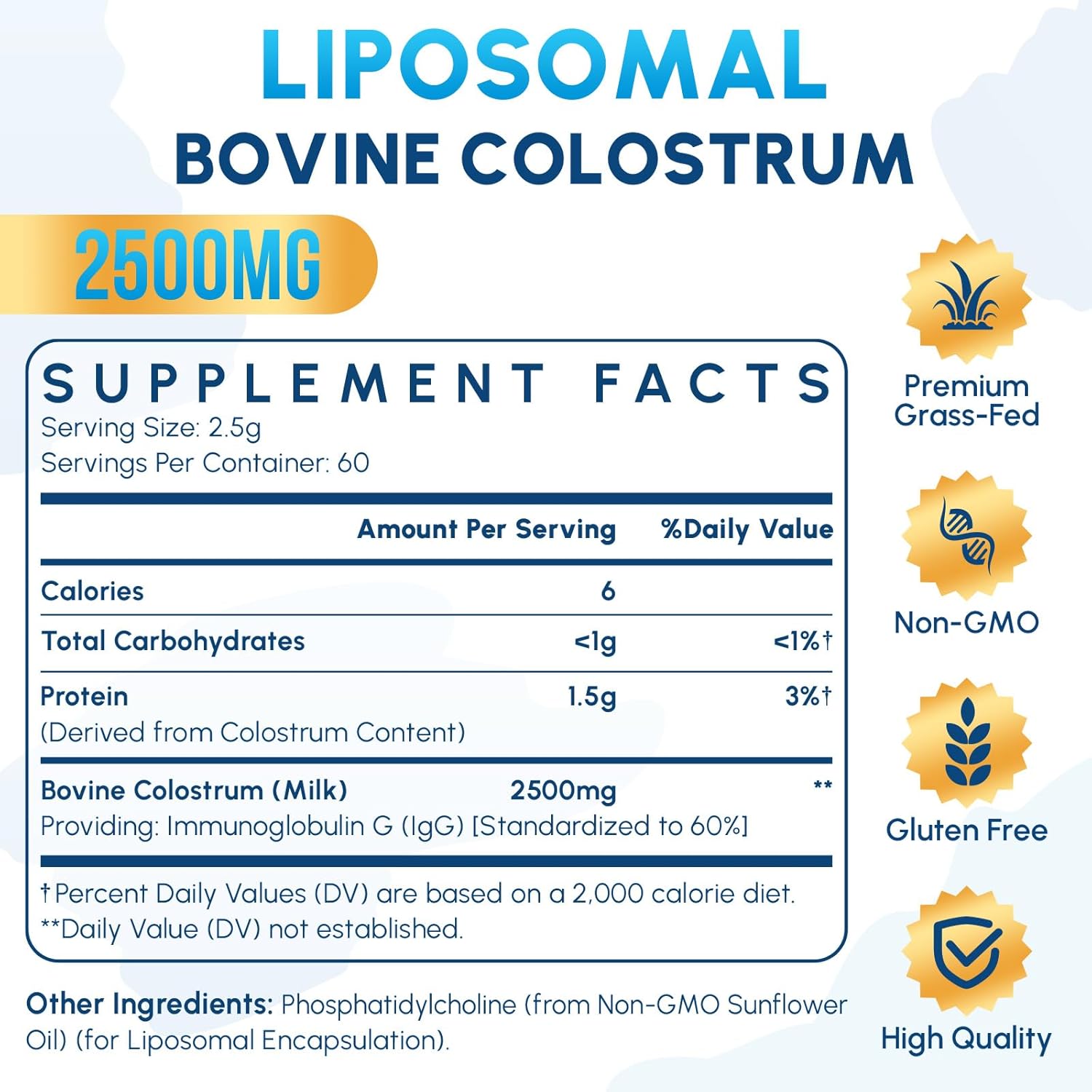 High Absorption Liposomal Bovine Colostrum Powder Supplement 2500mg - 60 Servings
