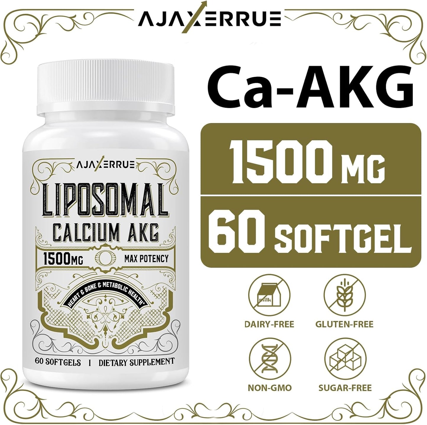 High Absorption Liposomal Calcium AKG Supplement 1500 MG for Longevity, Cellular Energy, and Metabolic Function - 240 Softgels