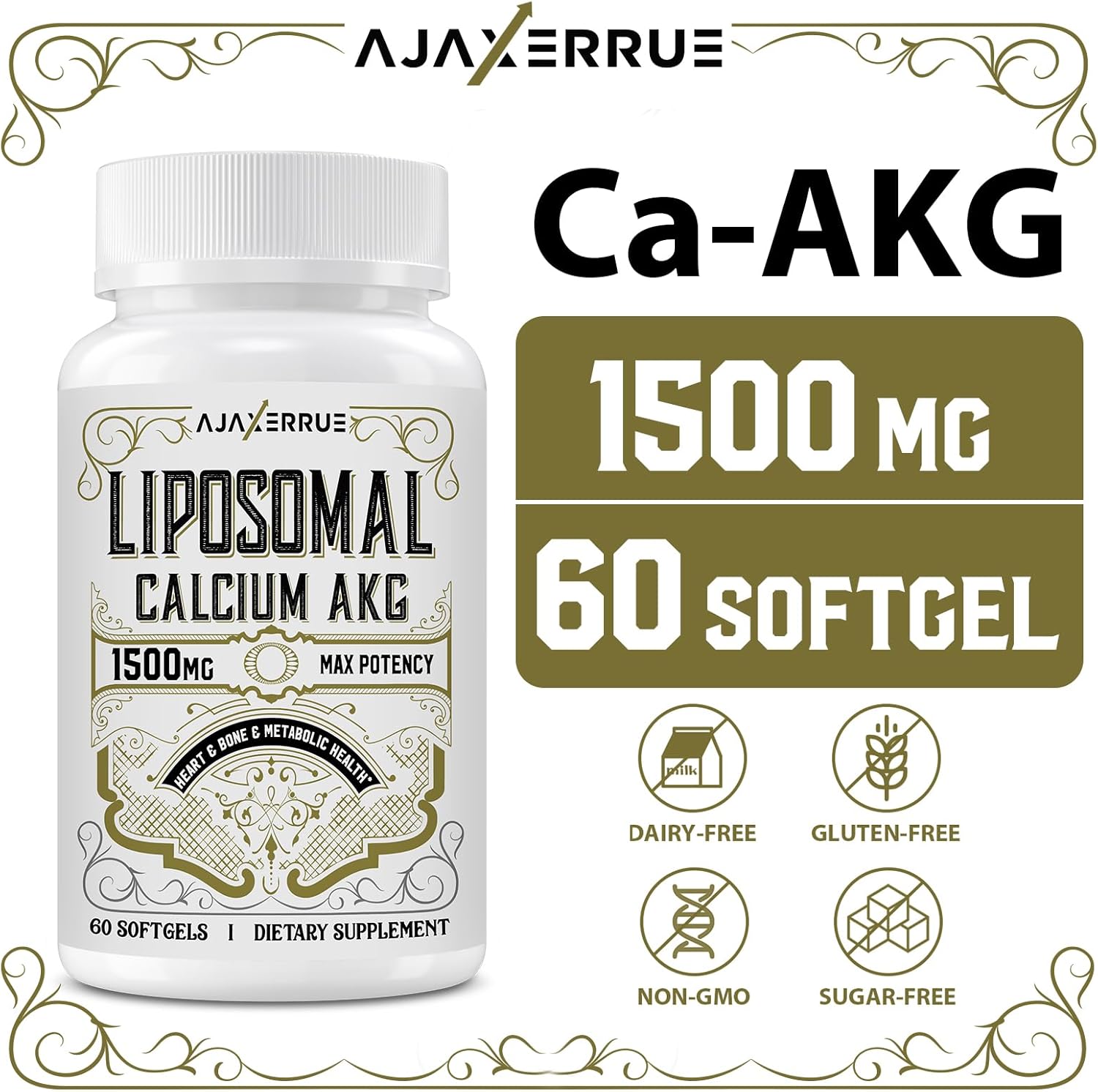 High Absorption Liposomal Calcium AKG Supplement 1500 MG for Longevity, Cellular Energy, and Metabolic Function - 240 Softgels