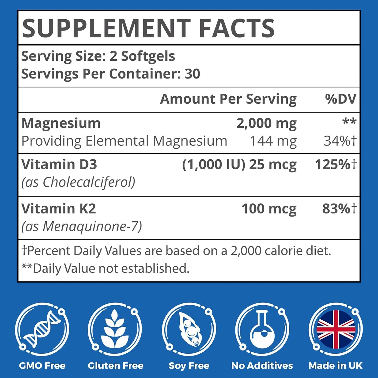 High Absorption Liposomal Magnesium 2000mg Capsules with Vitamin D3 & K2 for Brain, Memory, Bone, and Muscle Support - 60 Count for Men and Women