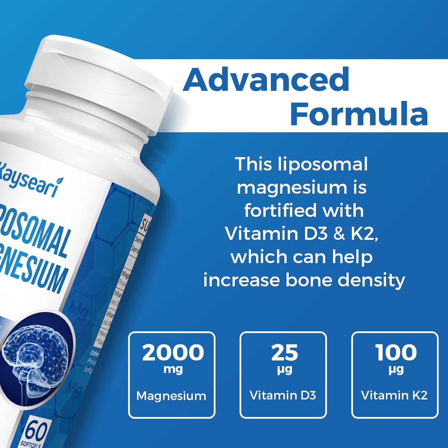 High Absorption Liposomal Magnesium 2000mg Capsules with Vitamin D3 & K2 for Brain, Memory, Bone, and Muscle Support - 60 Count for Men and Women