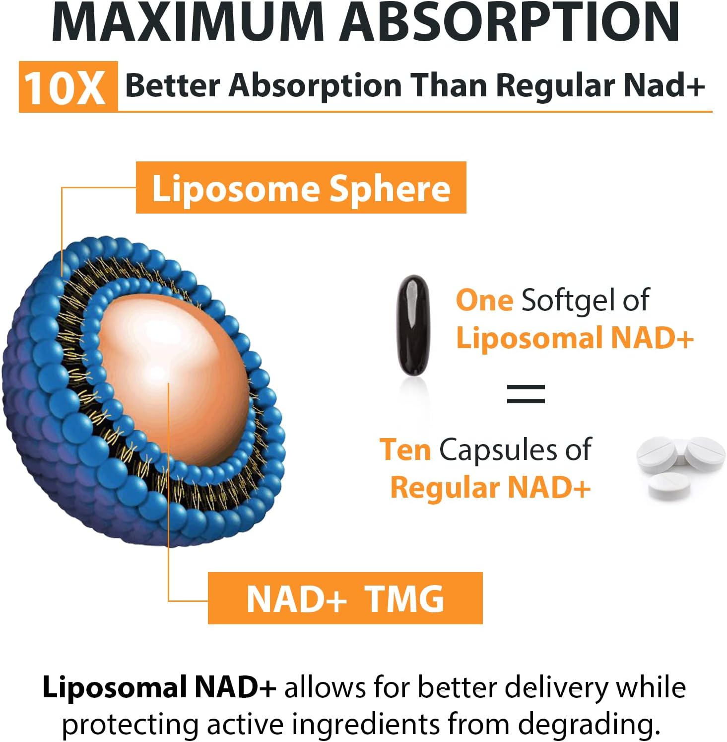 High Absorption Liposomal NAD+ Supplement 500 mg with TMG 250 mg - Boost Cellular Energy, Healthy Aging - 60 Softgels