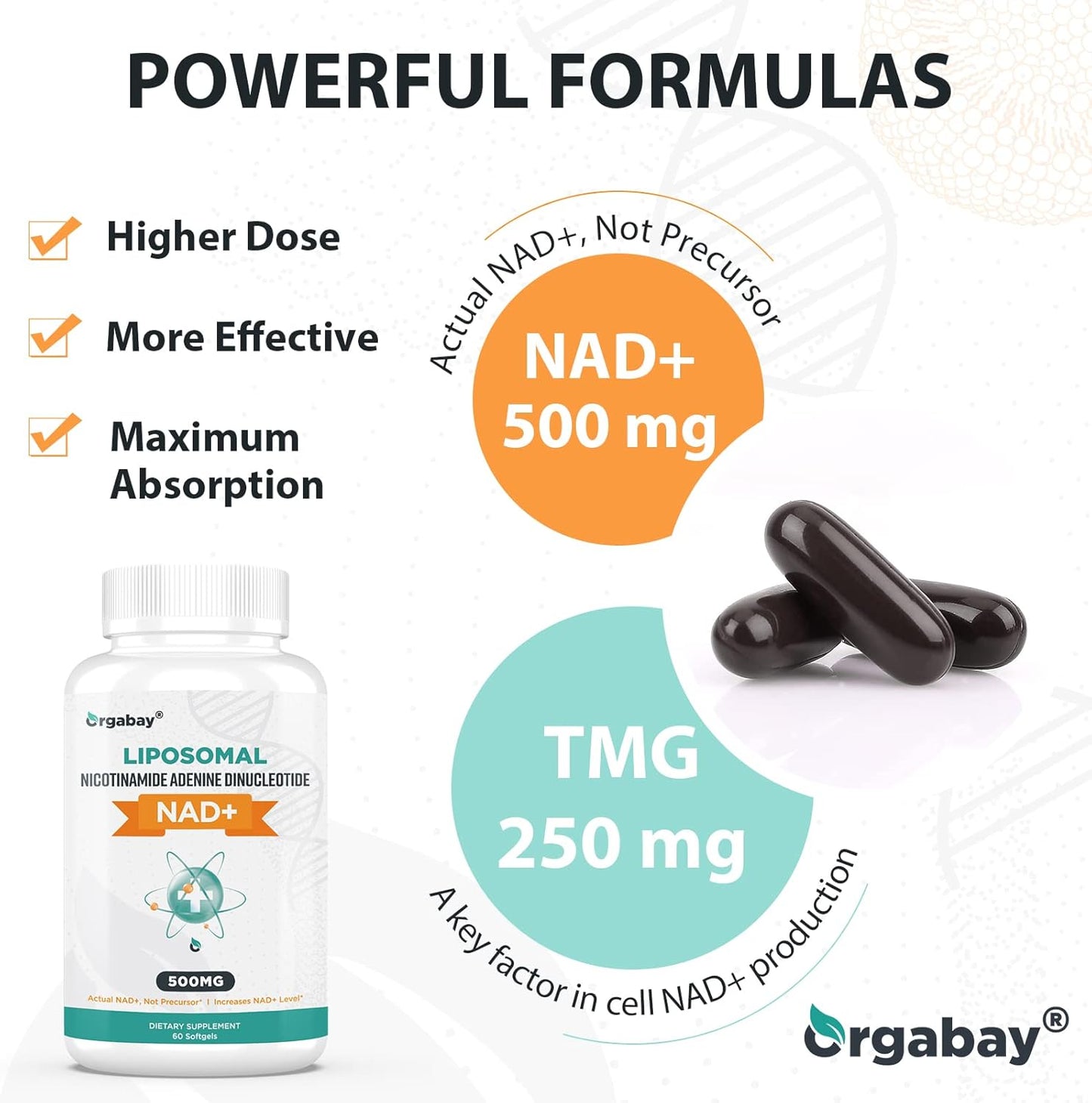 High Absorption Liposomal NAD+ Supplement 500mg with TMG 250mg - Boost Cellular Energy, Healthy Aging - 600 Softgels